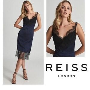 Reiss Navy Satin & Lace midi dress.
